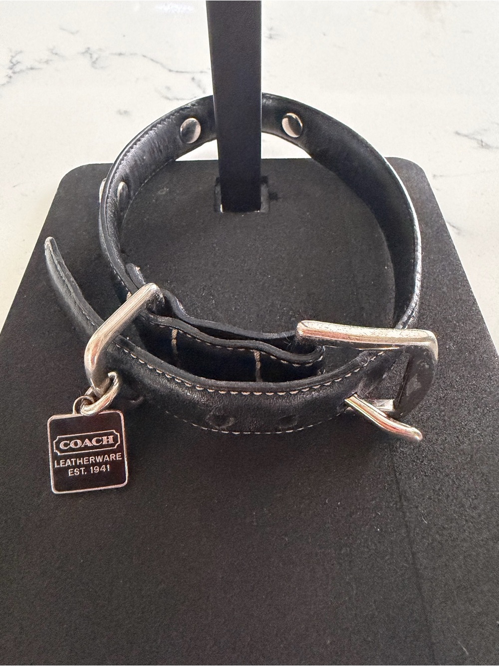 Coach Black Leather Dog Collar with Signature Tag and Silver Hardware